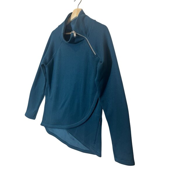 Athleta Women’s Cozy Karma Asym Pullover Sweatshirt Medium Blue Pockets Fleece - Picture 2 of 13
